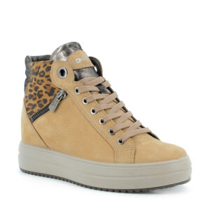 Sneaker alta con zeppa in pelle giallo chiaro e riporto in stampa leopardo con zip ornamentale\IGI&CO